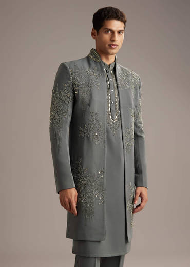 Purple Rayon Indo Western Set For Men With Heavy Hand Embroidery