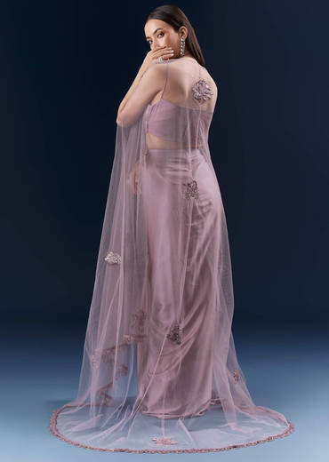 Purple Satin Crop Top And Drape Skirt Set With Lace Work