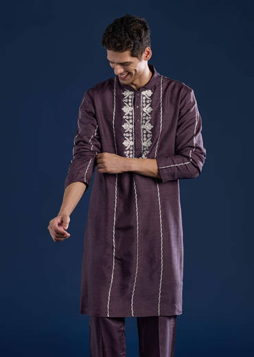 Purple Silk Jacket Kurta Set with Dori Work