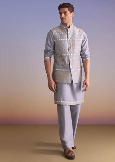 Purple Silk Kurta Jacket Set For Men With Mirror Zari And Resham Work
