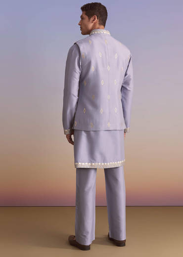 Purple Silk Kurta Jacket Set For Men With Mirror Zari And Resham Work