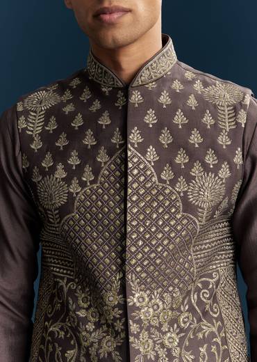 Purple Silk Kurta Jacket Set With Thread Detail Work