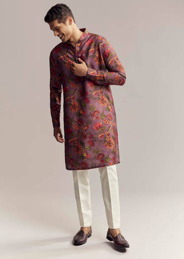 Purple Silk Kurta For Men With Floral Print