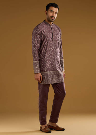 Purple Silk Kurta Set For Men With Intricate Hand Embroidery