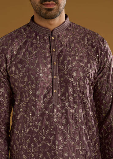 Purple Silk Kurta Set For Men With Intricate Hand Embroidery