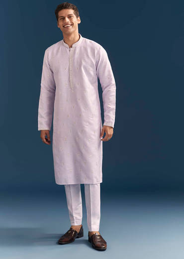 Purple Silk Kurta Set For Men With Mirror Embroidery