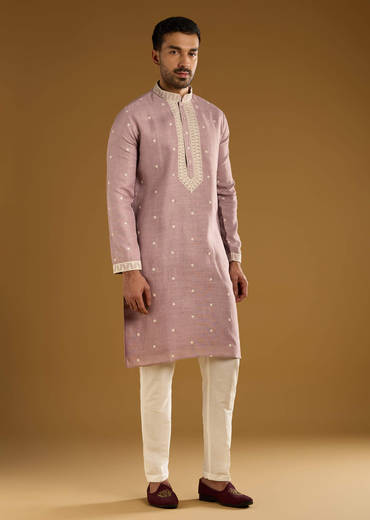 Purple Silk Kurta Set For Men With Resham Embroidery