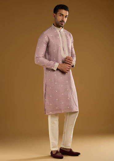 Purple Silk Kurta Set For Men With Resham Embroidery