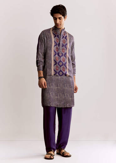 Silk Ajrakh Printed Kurta Set In Purple