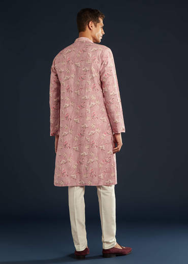 Purple Silk Mens Kurta Set with Floral Motifs