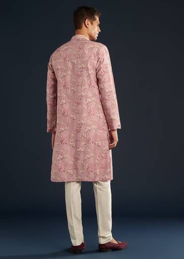 Purple Silk Mens Kurta Set with Floral Motifs