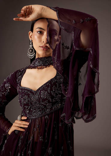 Purple Silk Palazzo Suit With Elegant Hand Work