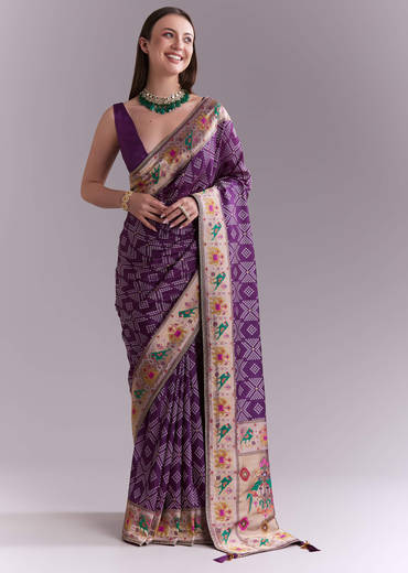 Purple Silk Saree With Zari Border And Multicolour Motifs
