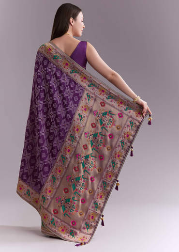 Purple Silk Saree With Zari Border And Multicolour Motifs