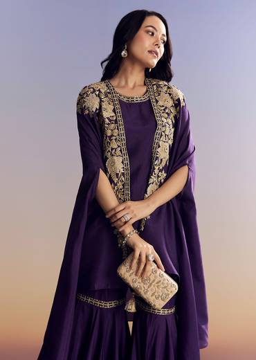 Purple Silk Sharara With Zari Cape