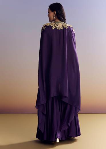 Purple Silk Sharara With Zari Cape