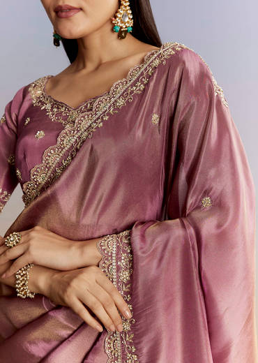 Purple Tissue Saree With Cutdana Sequins And Resham Knot Work