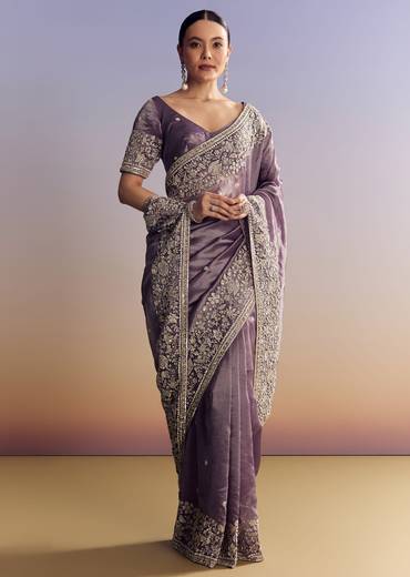 Purple Tissue Saree With Heavy Floral Embroidered Border