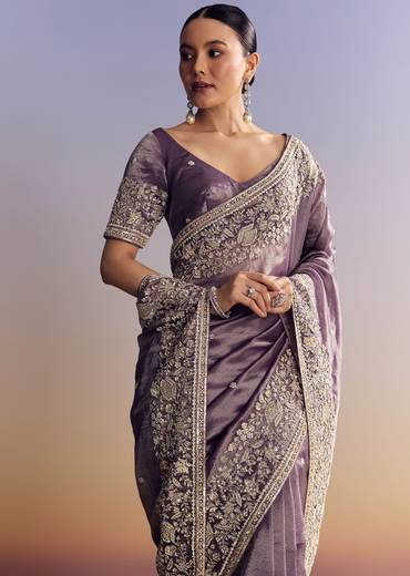 Purple Tissue Saree With Heavy Floral Embroidered Border