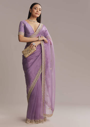 Purple Tissue Saree With Zardosi And Bead Embroidery