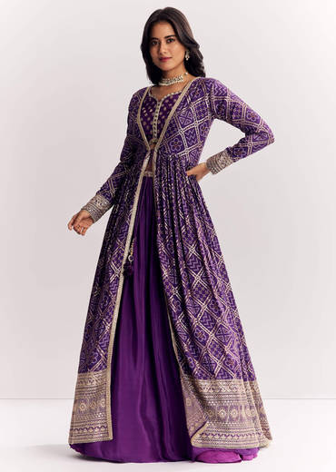 Purple Weave Silk Indowestern Set With Bandhani Print Zari Work Jacket