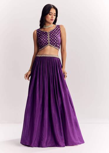 Purple Weave Silk Indowestern Set With Bandhani Print Zari Work Jacket