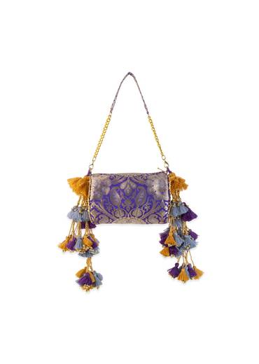Purple Zari Embellished Brocade Kundan Bag with Tassel