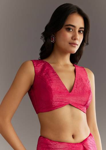 Rani Pink Crushed Tissue Saree With Cutdana And Sequin Embroidery