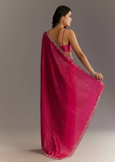 Rani Pink Crushed Tissue Saree With Stone Embellishments And Scallop Border