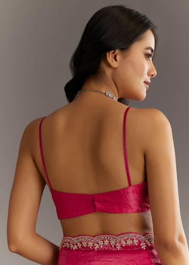 Rani Pink Crushed Tissue Saree With Stone Embellishments And Scallop Border