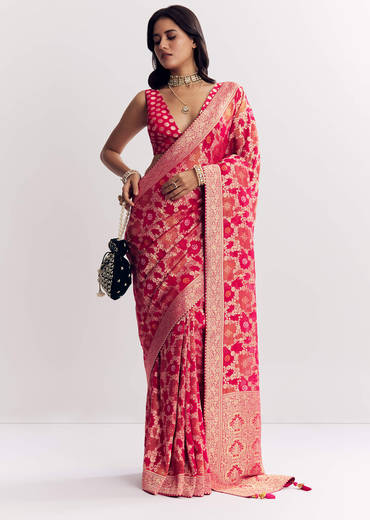 Rani Pink Georgette Saree With Zari Jaal Work