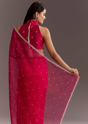 Rani Pink Glass Tissue Saree With Cutdana And Sequins Scallop Border