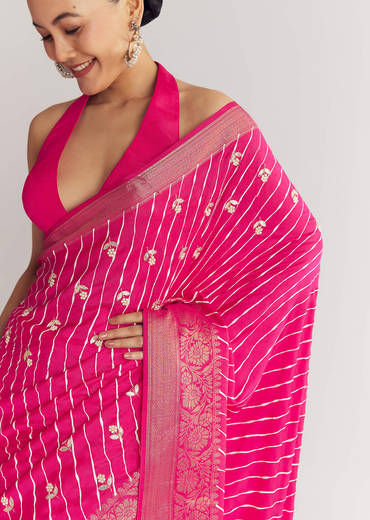 Rani Pink Leheriya Print With Floral Gotapatti And Moti Embroidery.