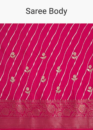 Rani Pink Leheriya Print With Floral Gotapatti And Moti Embroidery.