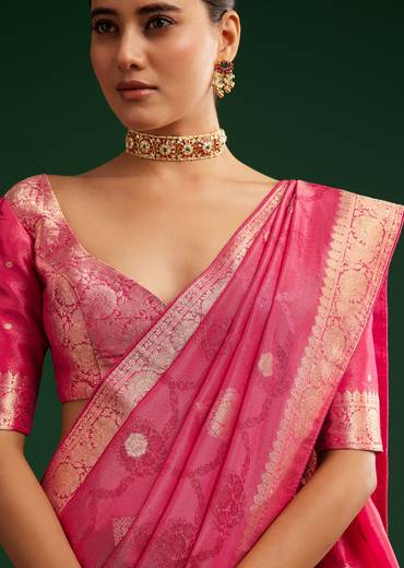 Rani Pink Saree With Woven Zari Motif And Embroidered Blouse