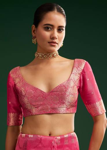 Rani Pink Saree With Woven Zari Motif And Embroidered Blouse
