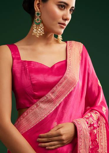Rani Pink Satin Saree With Zari Woven Design