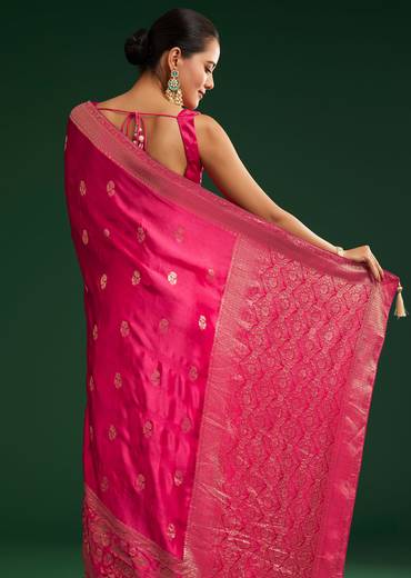 Rani Pink Satin Saree With Zari Woven Design