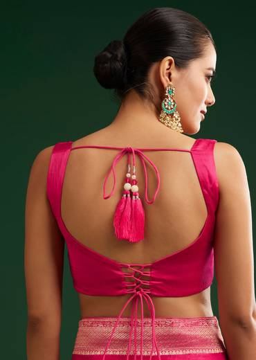 Rani Pink Satin Saree With Zari Woven Design