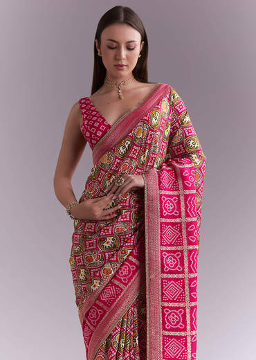 Rani Pink Silk Saree With Bandhani Work And Elephant Motifs