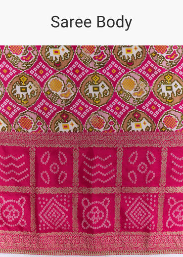 Rani Pink Silk Saree With Bandhani Work And Elephant Motifs