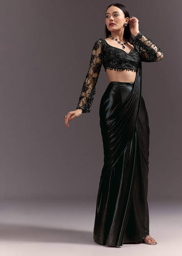 Ready Pleated Saree With V Neck Blouse And Cutdana Work