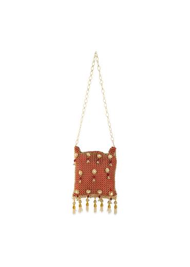 Red and Gold Jaal Textured Pearl Embellished Bag