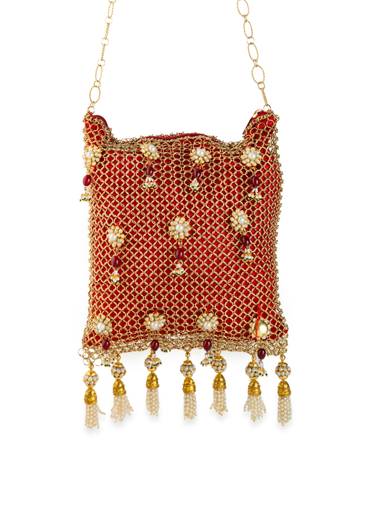 Red and Gold Jaal Textured Pearl Embellished Bag