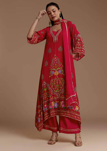 Red Asymmetric Floral Print Kurta Set