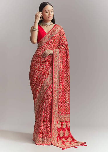 Red Banarasi Georgette Embroidered Saree With Heavy Hand Embroidery