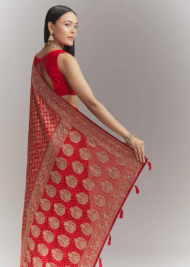 Red Banarasi Georgette Embroidered Saree With Heavy Hand Embroidery