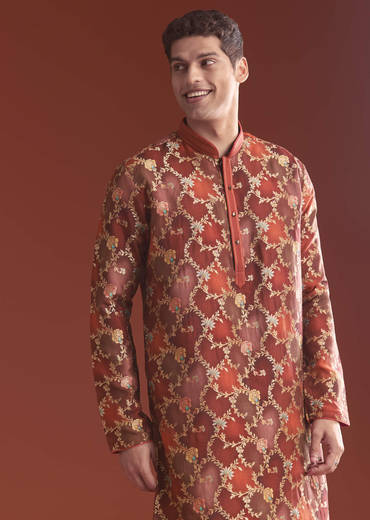 Red Banarasi Kurta Set For Men With Floral Pattern
