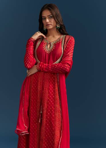 Red Bandhani And Leheriya Jacket Anarkali Suit In Georgette
