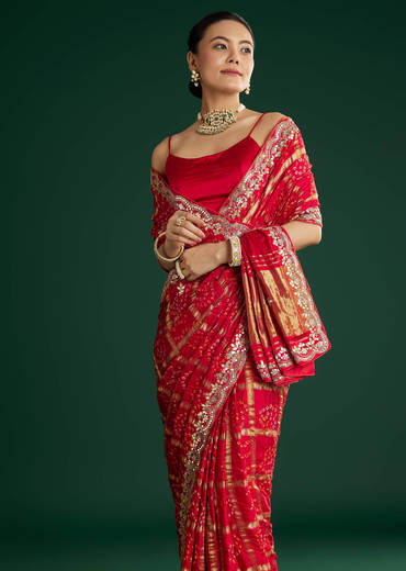 Red Bandhani Saree With Gota Work